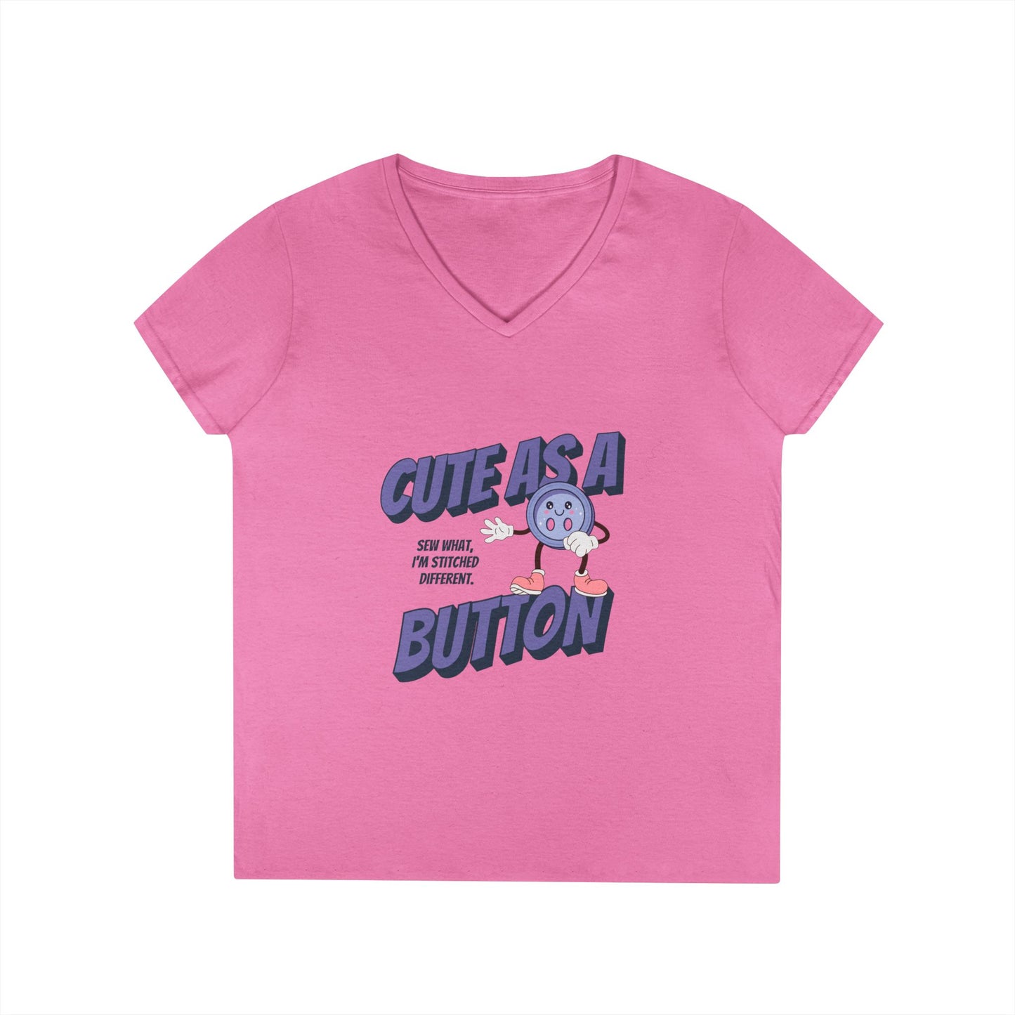 V-Neck T-Shirt Sew What Retro Cute as a Button Character Ladies' Tee