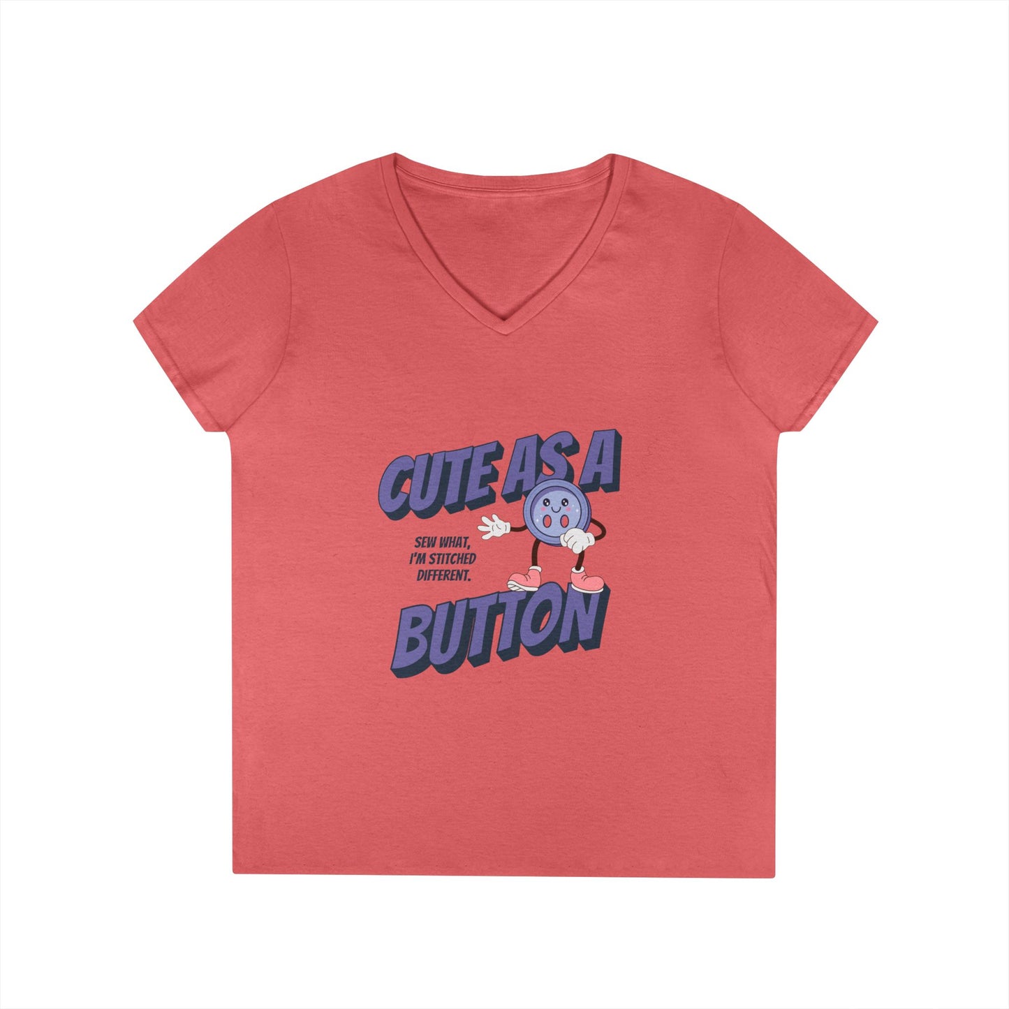 V-Neck T-Shirt Sew What Retro Cute as a Button Character Ladies' Tee