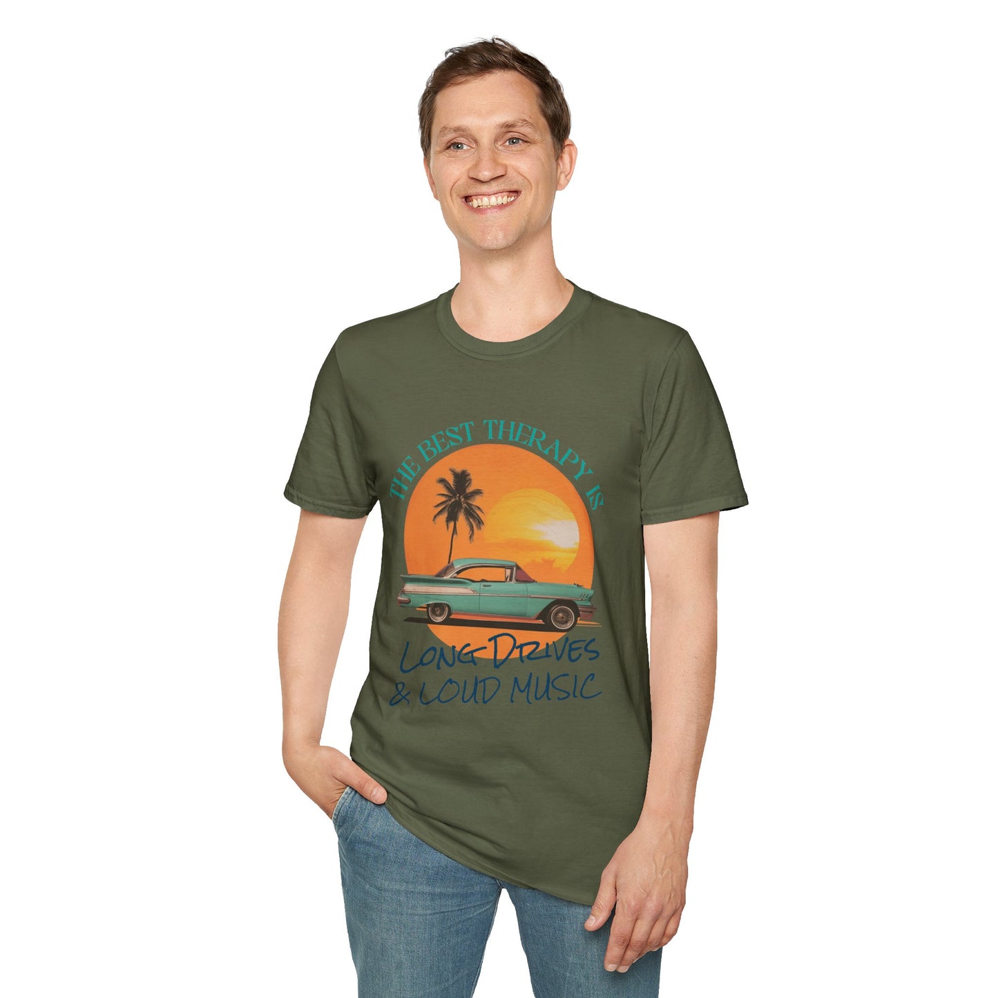 Vintage Car Therapy, Long Drives and Loud Music Unisex T-Shirt