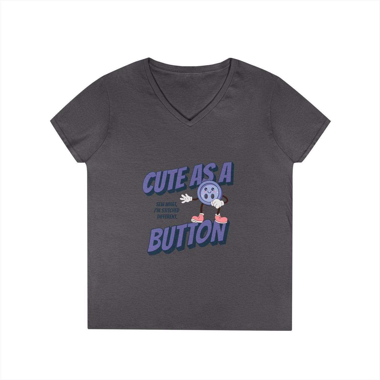 V-Neck T-Shirt Sew What Retro Cute as a Button Character Ladies' Tee