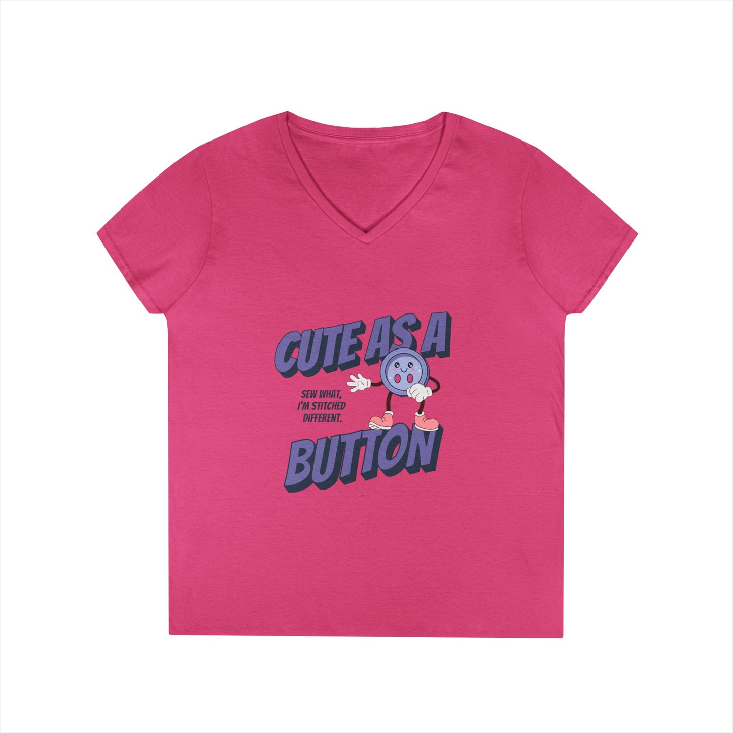 V-Neck T-Shirt Sew What Retro Cute as a Button Character Ladies' Tee