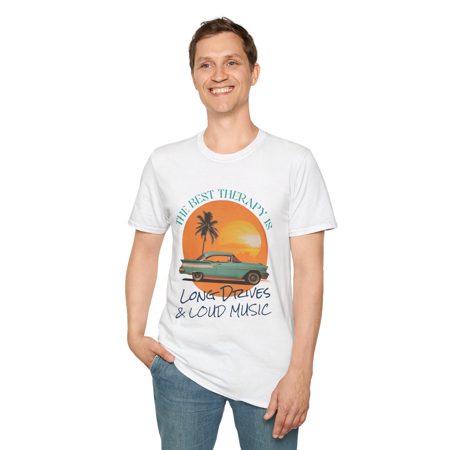 Vintage Car Therapy, Long Drives and Loud Music Unisex T-Shirt