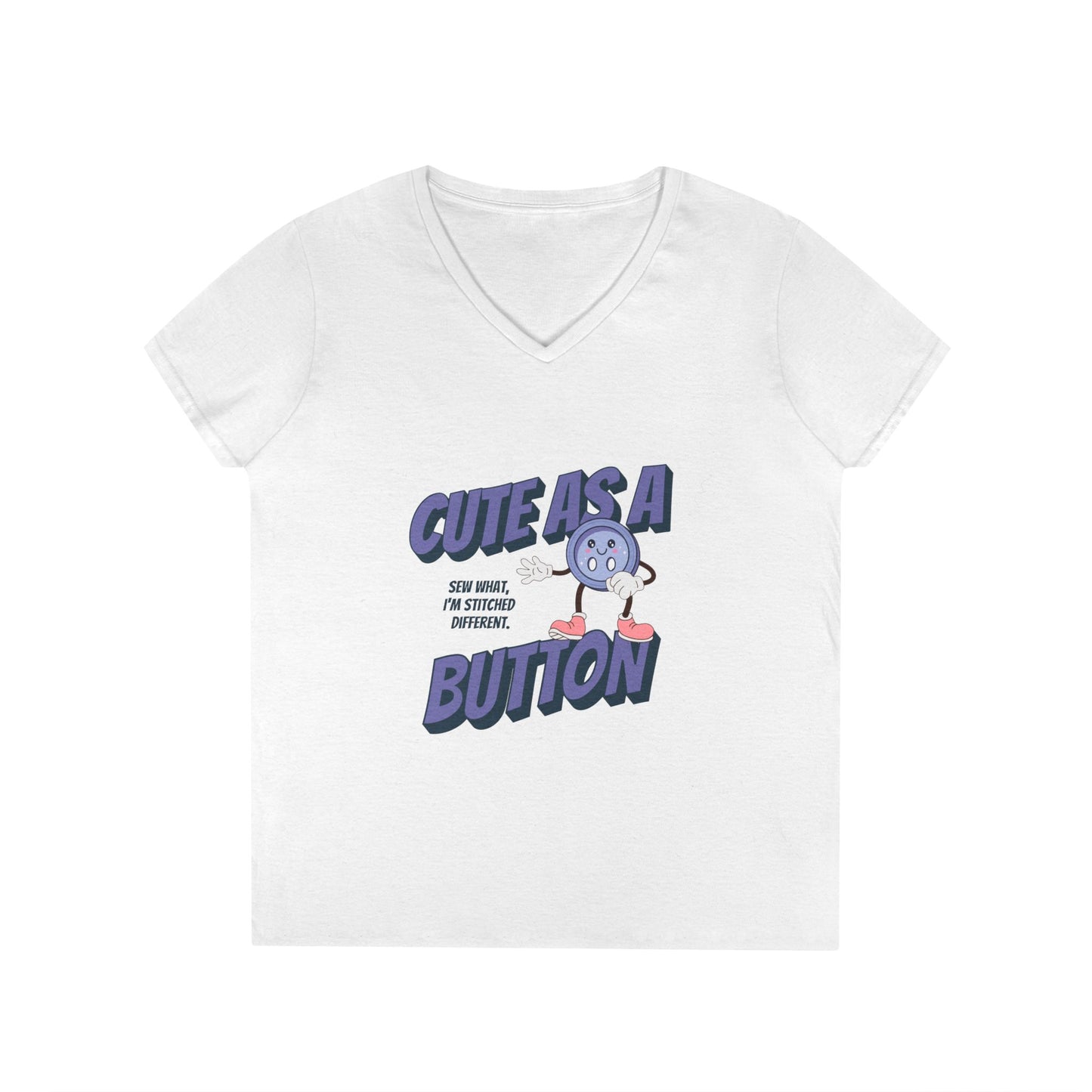 V-Neck T-Shirt Sew What Retro Cute as a Button Character Ladies' Tee
