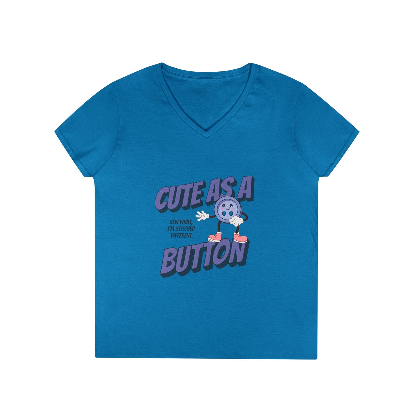 V-Neck T-Shirt Sew What Retro Cute as a Button Character Ladies' Tee